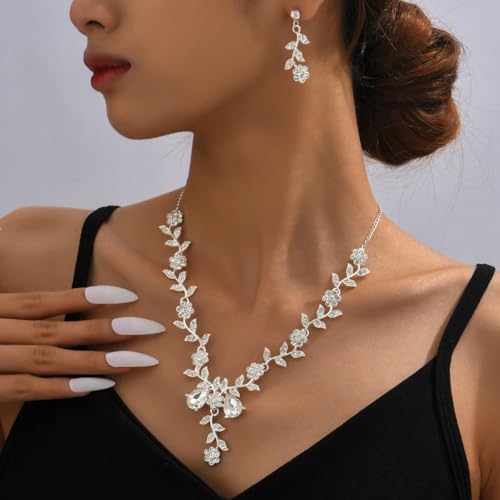 Wedding Jewelry Sets for Brides Rhinestone Necklace and Earring Set Bracelet Ring Gold Silver Prom Jewelry Sets Diamond Flower Teardrop Necklace for Women - color: Style4-Flower-2pcs
