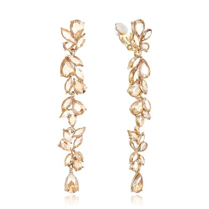 Crysdue Clip On Earrings for Women Rhinestone Crystal Teardrop Cluster Wedding Bridal Non Pierced Long Dangle Earring for Prom Party - color: Champagne Gold-Tone