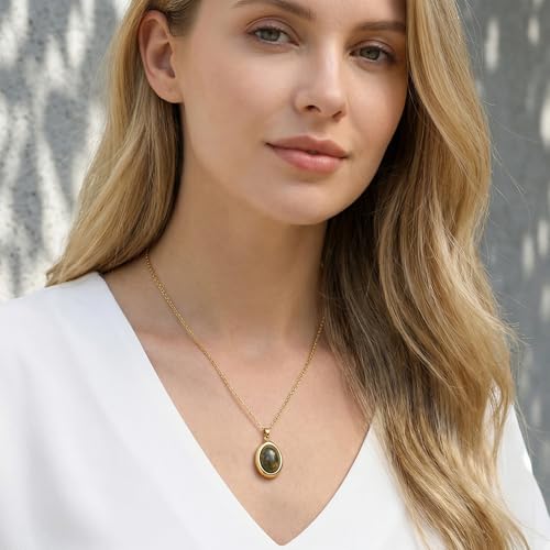 Colorful Natural Stone Necklaces for Women Trendy 14K Gold Plated Oval Gemstone Pendant Statement Necklace Jewelry Gifts for Women - color: Yellow