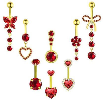 BSJ4U 8Pcs Gold Pink Silver Belly Button Ring Dangle Navel Belly Piercing Jewelry Cute CZ Butterfly Heart Flower Bow Navel Belly Rings for Women 14G Hypoallergenic Surgical Stainless Steel Dainty Dangling Dangly Belly Button Piercing Pack - color: Gold Re