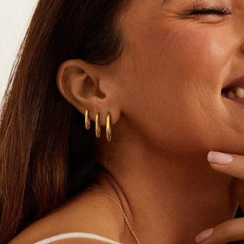 18K Gold Plated Hoop Earrings for Women Trendy Small U Hoop Earrings Set Stainless Steel Hypoallergenic Lightweight Chunky Huggie Hoops Cartilage Earring Stack Dainty Jewelry for Women Men(Gold-Hoop Earrings)
