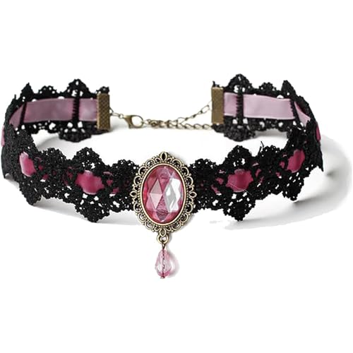 Lace Choker Witch Necklace for Women Halloween Gothic Lace Collar Punk Rhinestone Gothic Necklace Prom Jewelry Halloween Vampire Choker Necklace Costume Emo Witch Accessories - color: Pink