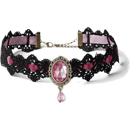 Lace Choker Witch Necklace for Women Halloween Gothic Lace Collar Punk Rhinestone Gothic Necklace Prom Jewelry Halloween Vampire Choker Necklace Costume Emo Witch Accessories - color: Pink