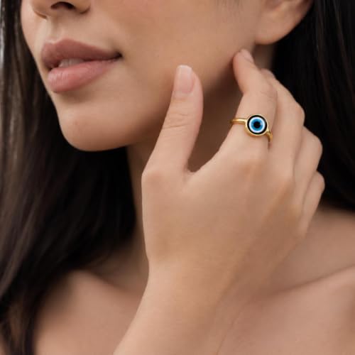 Ello Elli Gold Tone Evil Eye Ring for Women, Gold Plated Stainless Steel Band, Evil Eye Protection Design, Minimalist Everyday Jewelry