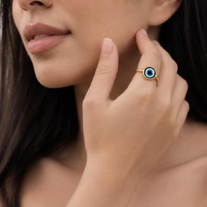 Ello Elli Gold Tone Evil Eye Ring for Women, Gold Plated Stainless Steel Band, Evil Eye Protection Design, Minimalist Everyday Jewelry