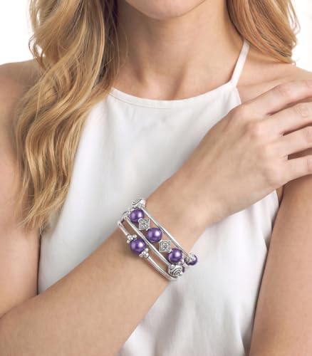 Beaded Pearl Bangle Wrap Bracelet - Fashion Bohemian Jewelry Multilayer Charm Bracelet with Thick Silver Metal Beads, Gift For Women - color: Purple pearl