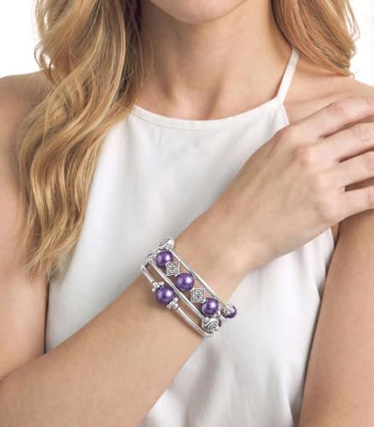 Beaded Pearl Bangle Wrap Bracelet - Fashion Bohemian Jewelry Multilayer Charm Bracelet with Thick Silver Metal Beads, Gift For Women - color: Purple pearl