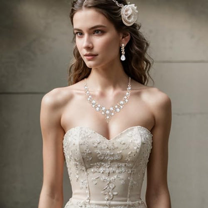 Women's Wedding Statement Necklace Dangle Earring Jewelry | Austrian Crystal Teardrop Cluster,Necklaces Earrings Set for Bride Bridesmaid,Prom Accessories - color: 09-Clear Gold-Plated-Base
