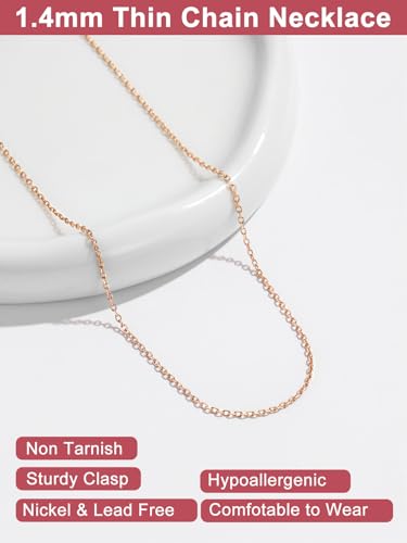 FOCALOOK Womens Chain Necklace, 1/1.4/2mm Thin Cable Link Necklace Chain | Hypoallergenic 316L Stainless Steel, Non Tarnish, Sturdy Chain for Pendants, 14K Gold Plated/Silver/Rose Gold/Black, 14-30" - color: 1.4mm Rose Gold, size: 16 Inch