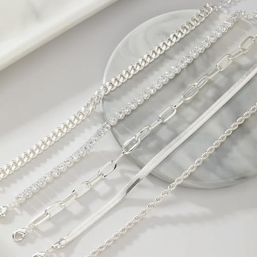 Gold Bracelets for Women 14K Gold Plated Stack Trend Bracelets Charm Paperclip Chain Cuban Link Layered Waterproof Bracelet Dainty Bracelet for Women Jewelry Gifts - color: 5Pcs Silver