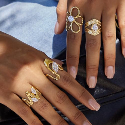 Gold-Plated Butterfly Ring with Dangling Chains and Cubic Zirconia, Adjustable Statement Ring,Cocktail Party Minimalist Ring for Women - style: Style C