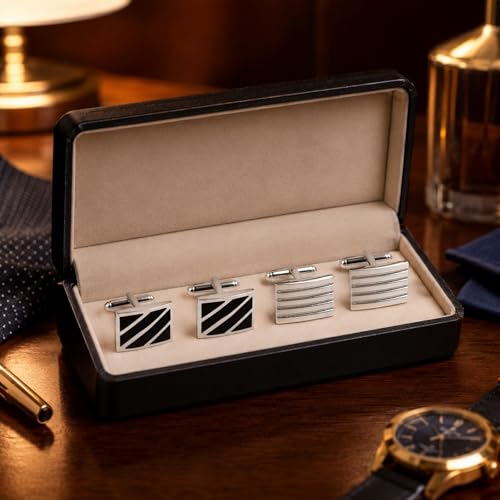 2 Pairs French Cufflinks for Men Luxury Silver Plated Rectangle Shirt Studs with Black Enamel Diagonal Stripes Business Tuxedo Suit Accessories Modern Grooved Line Set