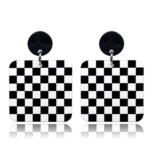 KaFu Checkerboard Earrings for Women 70s 80s Retro Acrylic Black White Striped Checkered Geometric Dangle Earrings Resin Rectangle Earrings Statement Jewelry - color: style-5
