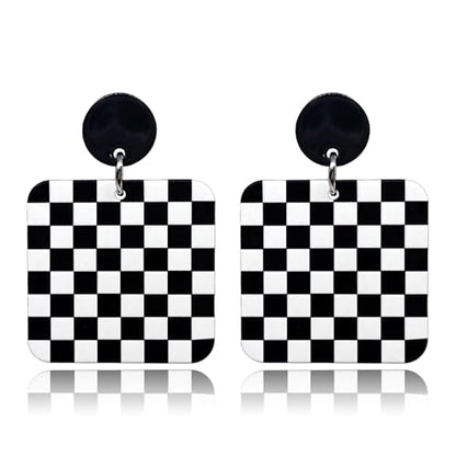 KaFu Checkerboard Earrings for Women 70s 80s Retro Acrylic Black White Striped Checkered Geometric Dangle Earrings Resin Rectangle Earrings Statement Jewelry - color: style-5