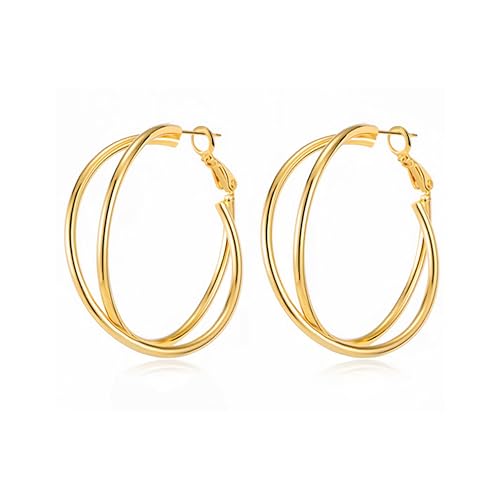 18K Gold Plated Crossover Double Hoop Earrings, 40mm Big Hoops | 925 Sterling Silver Post, Criss Cross X-Shape Loop, Lightweight Chunky Stackable, Everyday Trendy Statement Jewelry for Women - color: Gold