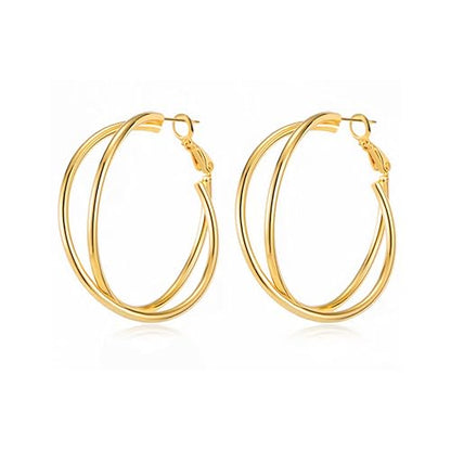 18K Gold Plated Crossover Double Hoop Earrings, 40mm Big Hoops | 925 Sterling Silver Post, Criss Cross X-Shape Loop, Lightweight Chunky Stackable, Everyday Trendy Statement Jewelry for Women - color: Gold