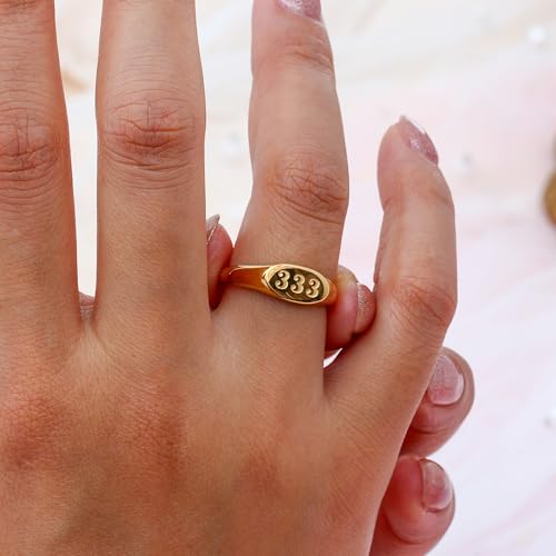 PAURO Women's Oval Angel Number Rings 111 222 333 444 555 666 777 888 999 | Stainless Steel Signet Style, Gold Plated Spiritual Statement Band, Numerology Jewelry Gift - color: Gold-111