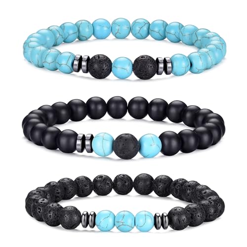 Mens Beaded Bracelets Set 8MM Tiger Eye Lava Stone Stretch Natural Stone Men's Bead Bracelet Mens Bracelet - color: 3, Green, Frosted, Volcano Bracelet