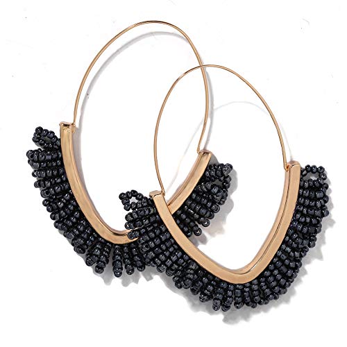 V-Shaped Beaded Dangle Earrings - Statement Drop Fringe Earrings, Boho Handmade Tassel Jewelry Gift for Women - color: Black