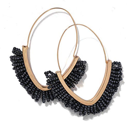 V-Shaped Beaded Dangle Earrings - Statement Drop Fringe Earrings, Boho Handmade Tassel Jewelry Gift for Women - color: Black