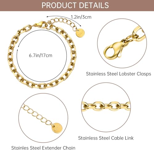 UMAOKANG Gold Plated Stainless Steel Bracelet Chains for Jewelry Making | 10PCS Thick Cable Hand Chains Bracelets Set PVD Gold Plating Permanent Jewelry Chain - color: 10pcs Cable Gold