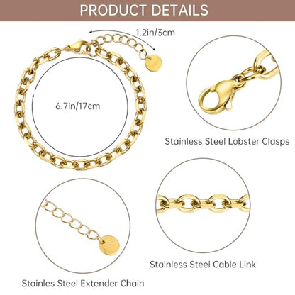 UMAOKANG Gold Plated Stainless Steel Bracelet Chains for Jewelry Making | 10PCS Thick Cable Hand Chains Bracelets Set PVD Gold Plating Permanent Jewelry Chain - color: 10pcs Cable Gold