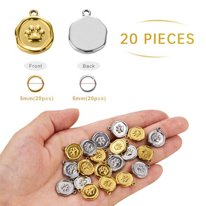 20pcs Stainless Steel Jewelry Making Charm Set Paw Charm Pendant for Women Necklace Bracelet DIY Bulk Charms - color: Paws Gold Silver