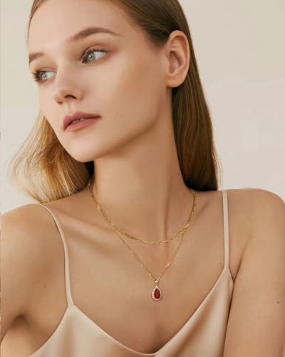 Gold Layered Necklaces for Women, 18k Gold Plated Crystal Necklace Paperclip Choker Emerald Green Jewelry for Women Gifts - color: Red Water Drop