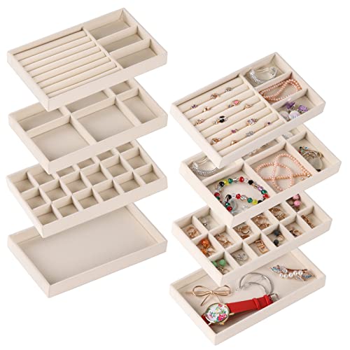 Velvet Jewelry Drawer Organizer Inserts, Set of 8 Stackable Trays with Removable Dividers, Earring and Ring Holder Display for Dresser, Storage Case for Necklace Bracelet Watch - Beige - color: Beige