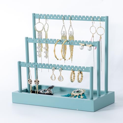 SANY DAYO HOME 3-Tier Earring Holder Organizer Stand, 105 Holes Teal Blue Metal Earring Rack Jewelry Display Tree with Wood Tray for Women and Girls - color: Teal Color Rack and Base