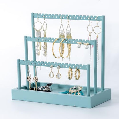 SANY DAYO HOME 3-Tier Earring Holder Organizer Stand, 105 Holes Teal Blue Metal Earring Rack Jewelry Display Tree with Wood Tray for Women and Girls - color: Teal Color Rack and Base