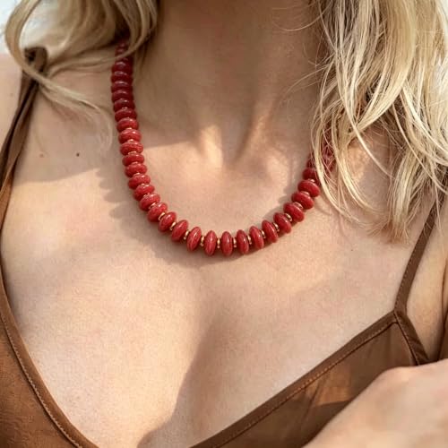 Resin Chunky Beaded Necklace for Women,Vacation Jewelry | Acrylic Beads,Boho Summer Beach Handmade Jewelry,Trendy Bold Statement Beaded Necklace,Birthday Gift for Women - color: Red
