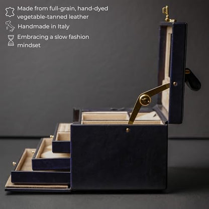 Time Resistance Leather Jewelry Box - Full Grain Leather Organizer, Accessories Storage with Key Lock for Women (Blue)