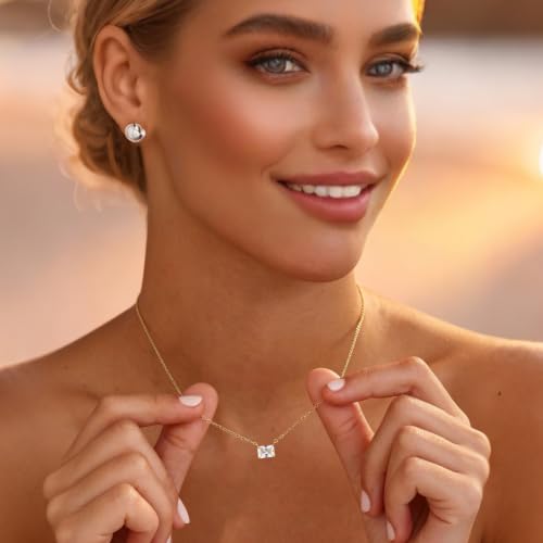14K Gold Plated Solitaire Cubic Zirconia Necklace, Rectangle CZ Pendant Necklace for Women, Minimalist for Everyday Wear