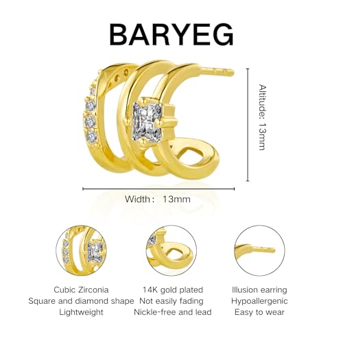 Gold Triple Hoop Illusion Stud Earrings, 14K Chunky Gold Plated Hoop Earrings Cuff Earrings for Women Trendy, Hypoallergenic Earrings Set Jewelry Gift - color: Triple hoop earrings-diamond