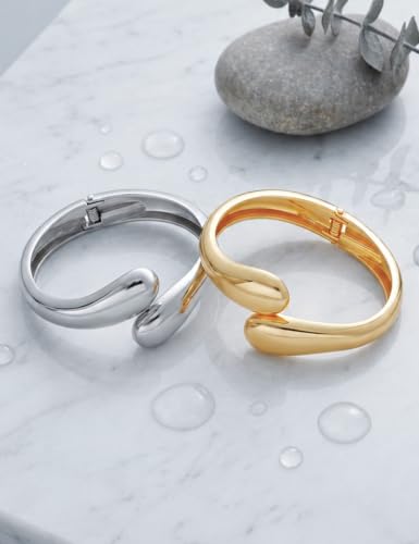 Chunky Gold Bangle Bracelets for Women, Dainty 14k Gold Plated Big Stackable Bangles Set, Trendy Statement Cuff Bracelet Stack Fashion Jewelry Gifts - style: 2 Silver & gold dome bangles