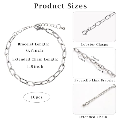 KYUNHOO 10pcs Charm Bracelet Chain Bulk Silver Paper Clip Jewelry Links | Stainless Steel Chains for Jewelry Making Paperclip Chain Bracelet for Men Women DIY Crafts Jewelry Findings - color: round paperclip silver