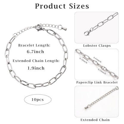 KYUNHOO 10pcs Charm Bracelet Chain Bulk Silver Paper Clip Jewelry Links | Stainless Steel Chains for Jewelry Making Paperclip Chain Bracelet for Men Women DIY Crafts Jewelry Findings - color: round paperclip silver
