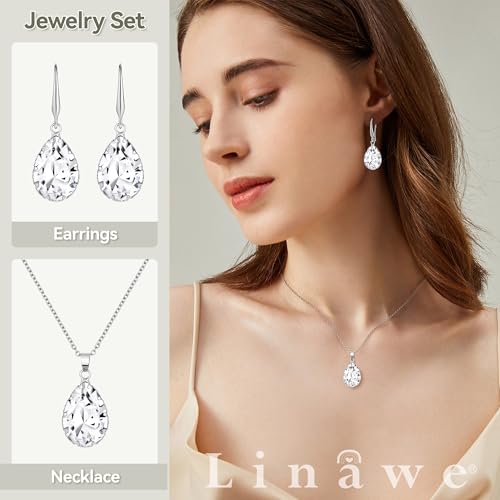 Linawe Crystal Jewelry Sets for Women, Imitation Diamond Pendant Necklace, Rhinestone Drop Dangle Earrings, Birthstone Cubic Zirconia Matching Wedding Jewelry, 14K Gold/Rose Gold/Silver Tones - color: Silver,Crystal,April