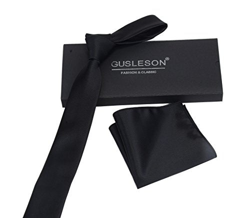 GUSLESON 2.4" Slim Necktie and Handkerchief Set For Men Solid Skinny Tie Set - color: Black