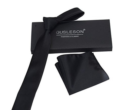 GUSLESON 2.4" Slim Necktie and Handkerchief Set For Men Solid Skinny Tie Set - color: Black