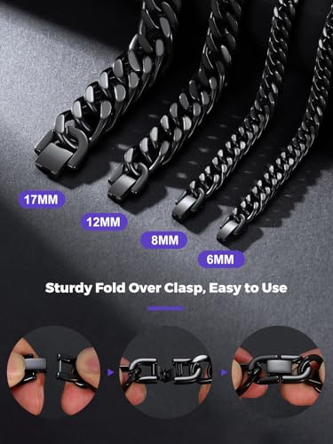 Richsteel Mens Cuban Link Bracelets, Silver/Black/14K Gold Plated Stainless Steel Bracelet for Men 8/12/17mm Width, 7.4/8.2/9 Inch Length Chain Wrist Bracelets With Gifts Box - style: 03-Black 6mm Width