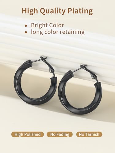 FindChic Twisted Hoop Earrings for Women, Silver/Black/14K Gold Plated Hypoallergenic Hollow Tube Rounded Loop Earrings, 30mm/40mm/60mm/80mm Hoops with Custom Name Options and Gift Box - color: a.Black, size: 30MM