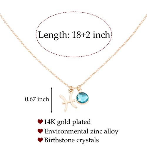 14k Gold Plated Zodiac Birthstone Crystal Pendant Necklace, Horoscope Sign Charm Necklace for Women Birthday Gift - color: Pisces-Mar.