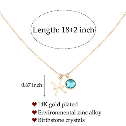 14k Gold Plated Zodiac Birthstone Crystal Pendant Necklace, Horoscope Sign Charm Necklace for Women Birthday Gift - color: Pisces-Mar.