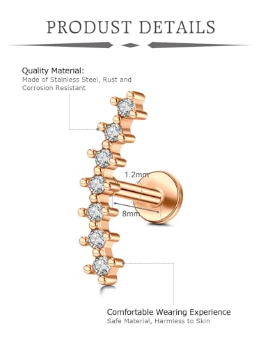 1pc 16G Cartilage Helix Tragus Earrings Jewelry Stainless Steel 6mm Earring Stud Flat & Ball Back Stud Earrings for Women - style: B -flat back, rose gold