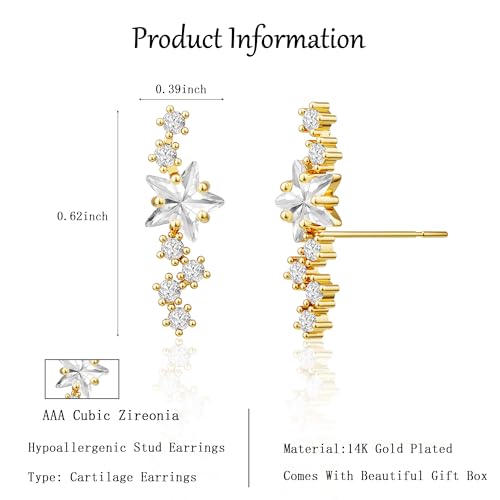 Robaice Cartilage Climber Earrings for Women，14K Gold Plated Helix Stud | Trendy Cluster Earrings, CZ Stud Earring, Tragus Conch Daith Piercing, Ear Crawer,Hypoallergenic Jewelry Gift for Women - color: E-Gold Star