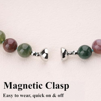 Chunky Gemstone Necklace for Women, 12mm Green Beaded Necklace, Hand-Knotted Beads Choker with Magnetic Clasp, Statement Jewelry, 16.5" - color: Indian Agate