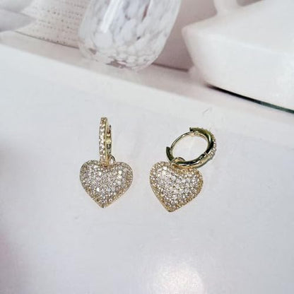 Dainty Full Cubic Zirconia Heart Dangle Small Hoop Earrings for Women Ladies Trendy Sweet Crystal Bling CZ Love Charm Drop Huggie Earring for Her Birthday Valentines Mother's Day Fine Jewelry Gifts - color: Gold-tone