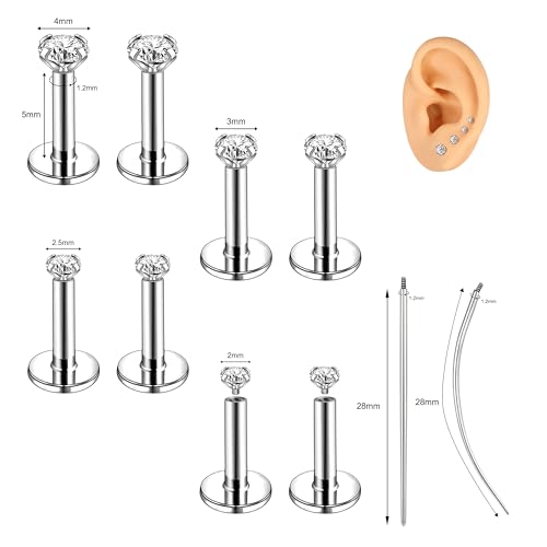18G/16G Labret Jewelry Surgical Steel Internal Thread | CZ Stud, Lip Nose Piercing Studs, Flat Back, Medusa Monroe Lip Cartilage Earring, 2/2.5/3/4mm CZ - color: 16G,5mm-bar,2/2.5/3/4mm-CZ,Silver